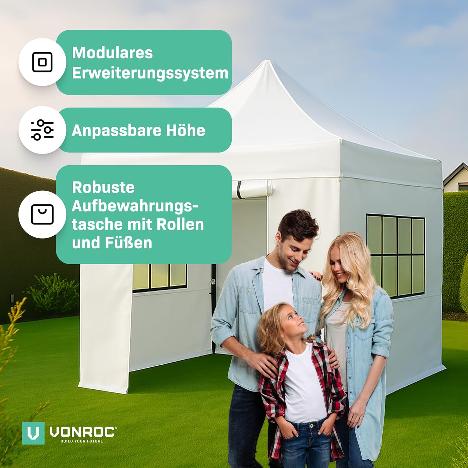 Pavillon Easy-Up 3 x 3 m – Gartenzelt mit Stahlrahmen, wasserdichte Plane, UV-Schutz 50+, Transporttasche mit Rädern – modular und erweiterbar (3x3m Seitenwände, Weiss)