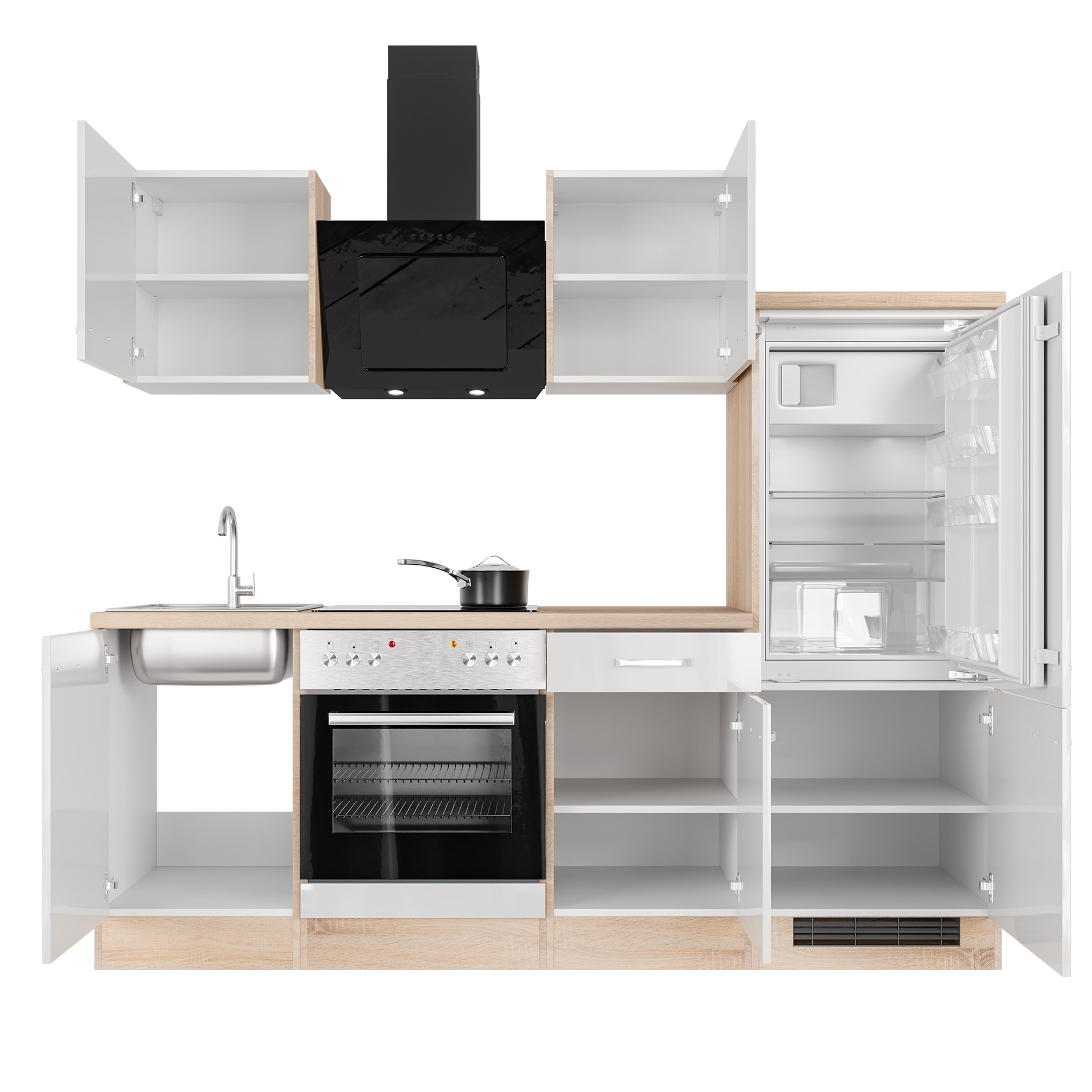 Küchenblock VALERO - weiß Hochglanz - Sonoma Eiche - mit E-Geräten - 220 cm