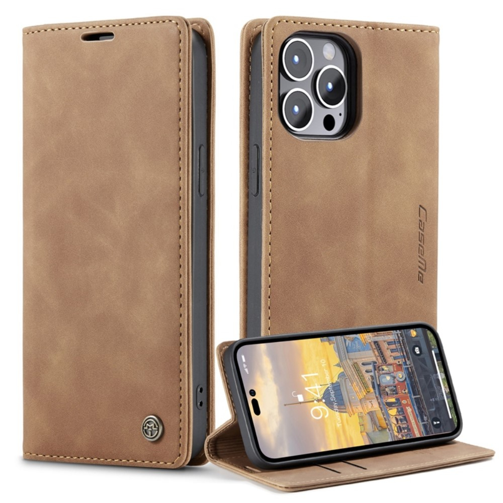 iPhone 14 Pro Max Leder Tasche Flip Wallet Etui mit Kartenfächern - Hellbraun