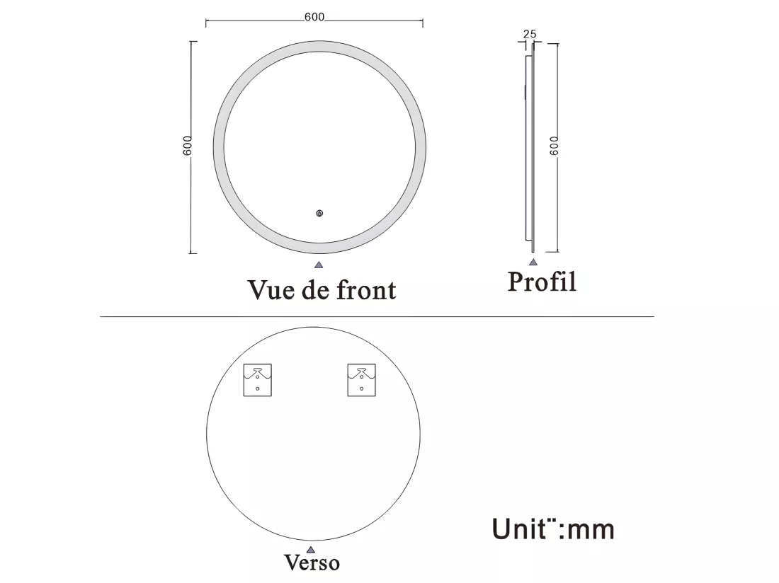Miroir de salle de bain lumineux rond à Leds- D. 60 cm Aica