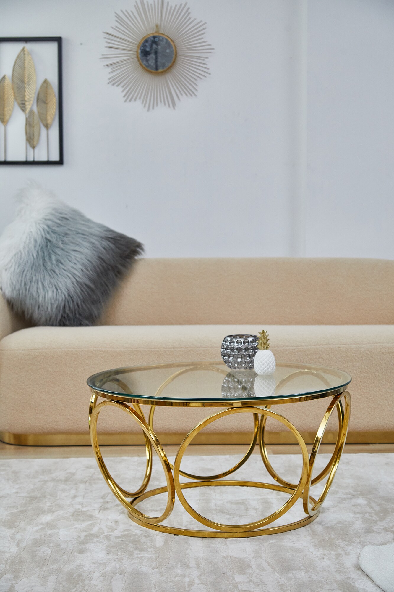 Couchtisch Ø 80 cm gold Glastisch Beistelltisch Sofatisch Wohnzimmertisch