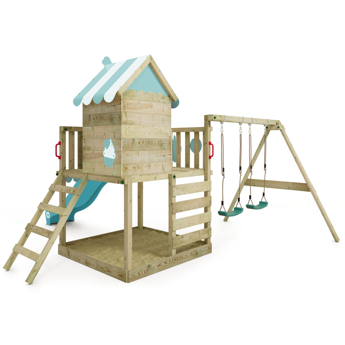 WICKEY Smart Candy speeltoren klimtoestel met schommel en glijbaan, boomhut met zandbak, klimladder en speelaccessoires – pastelblauw