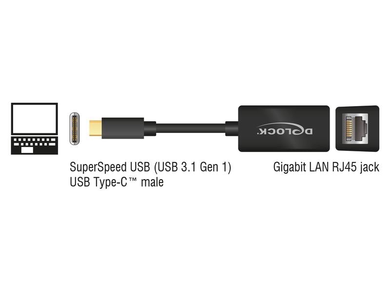 Delock Netzwerk-Adapter 1 Gbps USB Typ-C Delock Adapter SuperSpeed USB (USB 3.2 Gen 1) mit USB Type-C Stecker > Gigabit LAN 10/100/1000 Mbps kompakt schwarz