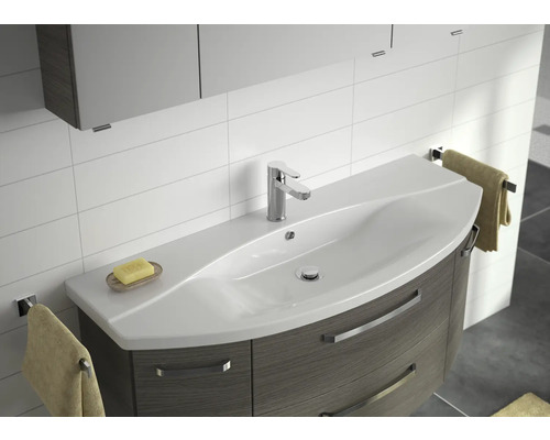 Badkamermeubelset Pelipal serie 4010, afmetingen (B x H x D): 122 x 200 x 48 cm, fronten in grafietstructuur, 4-delige badkamermeubelset inclusief witte keramische wastafel, keramische wastafelkast en spiegelkast met LED-verlichting.