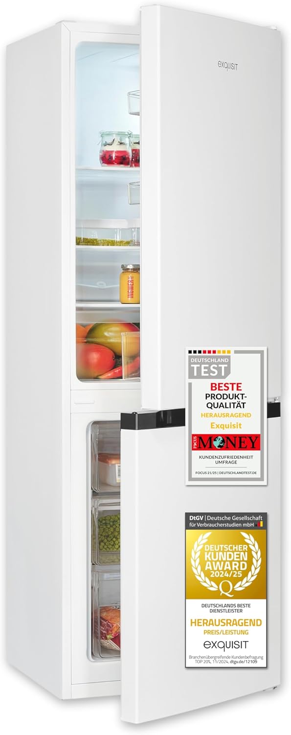 Exquisit Kühl-Gefrierkombination, 144 cm Höhe, Kühlschrank mit Gefrierfach, 4-Sterne-Gefrieren, 157 Liter, Schnellkühlen, KGC5231-60-E-050C weiss