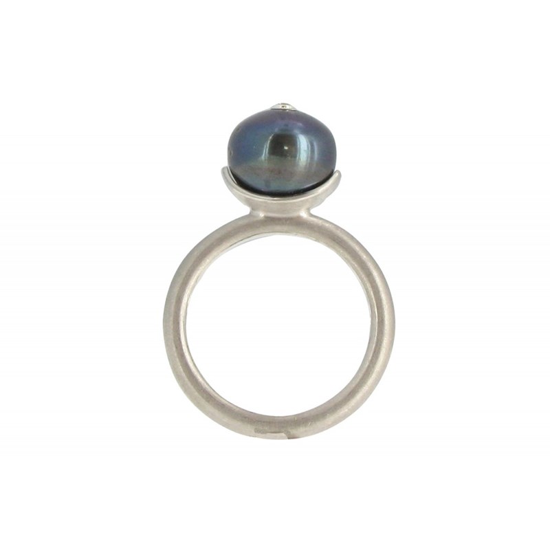 Bague Argent Rhodié Perle de Culture Grise Foncée et son Strass