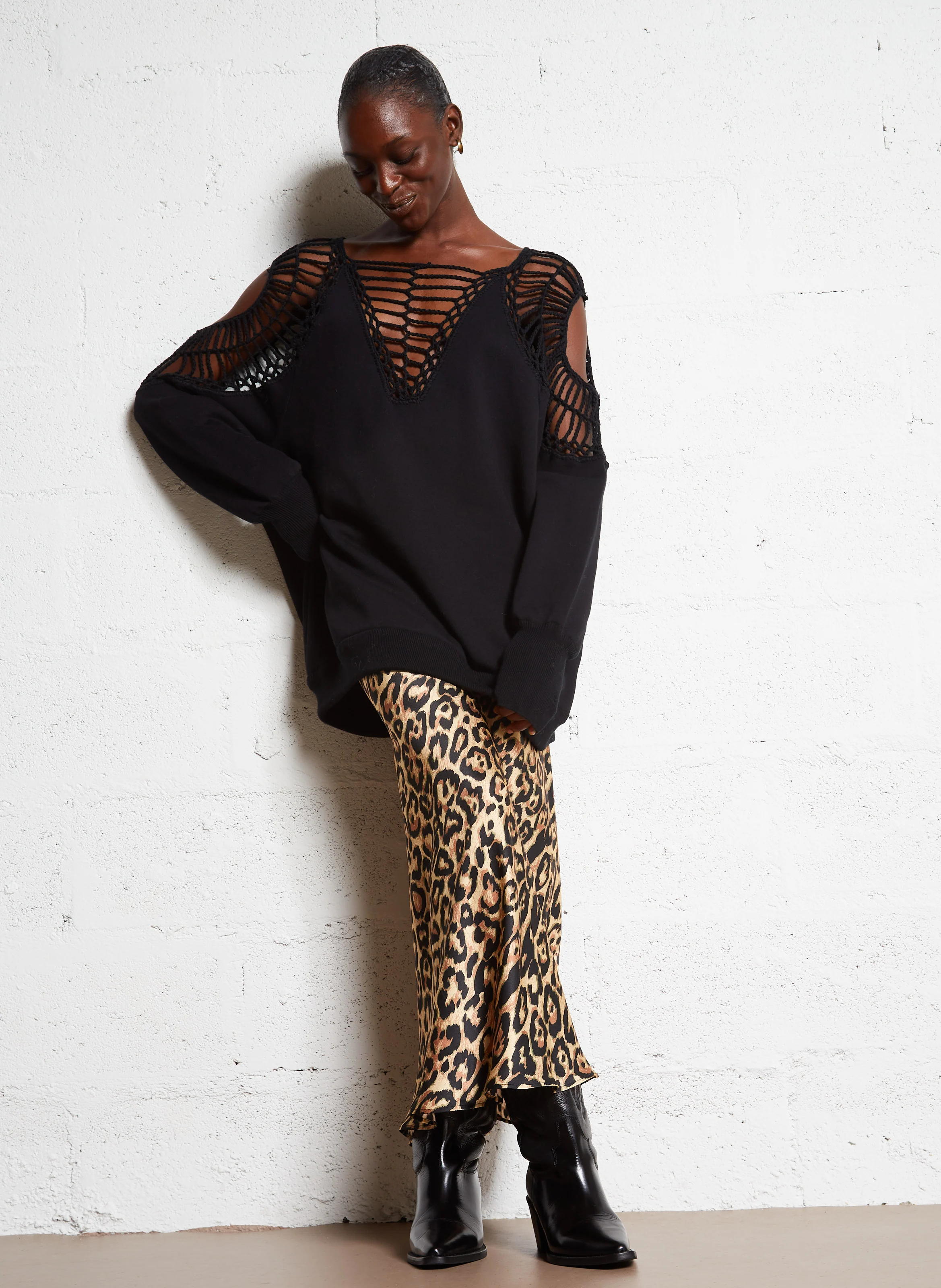 SHIHO - Sweat ample macramé en coton | Noir