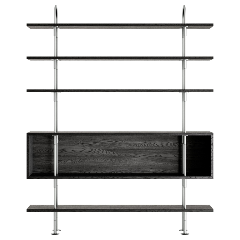 Gubi Keen stellingkast satijnroestvrij staal 160cm 4 planken en box, Smoked Tempered Glass