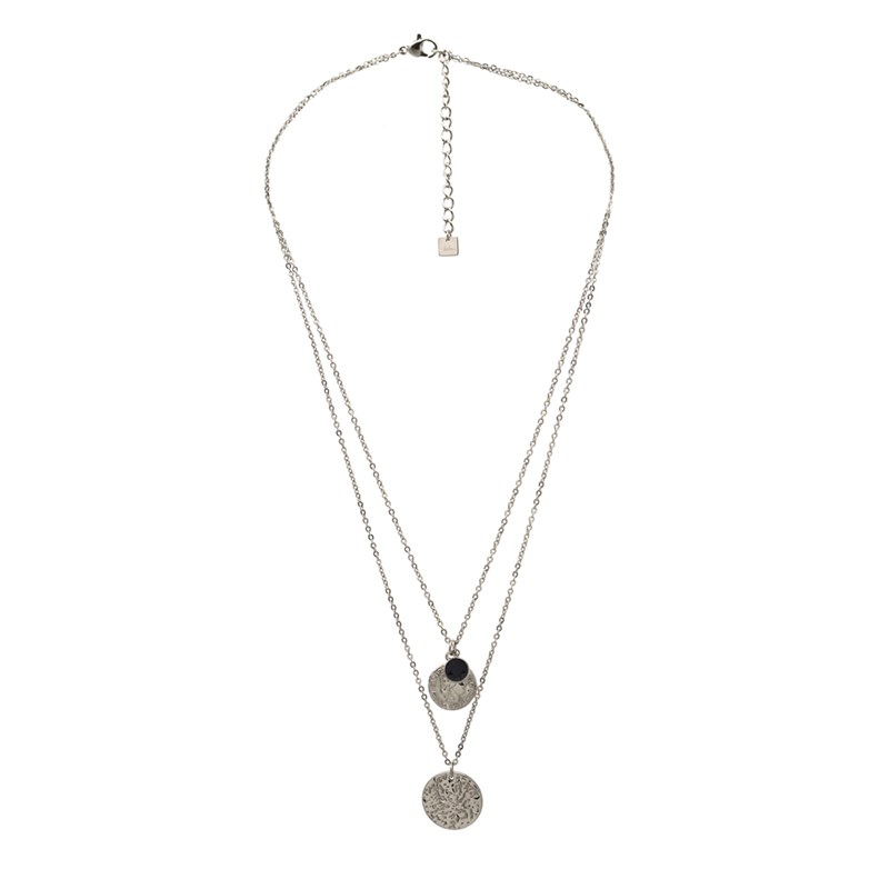 Collier en acier argenté orné de cristaux Swarovski avec pièce romaine et pierre crystal noir