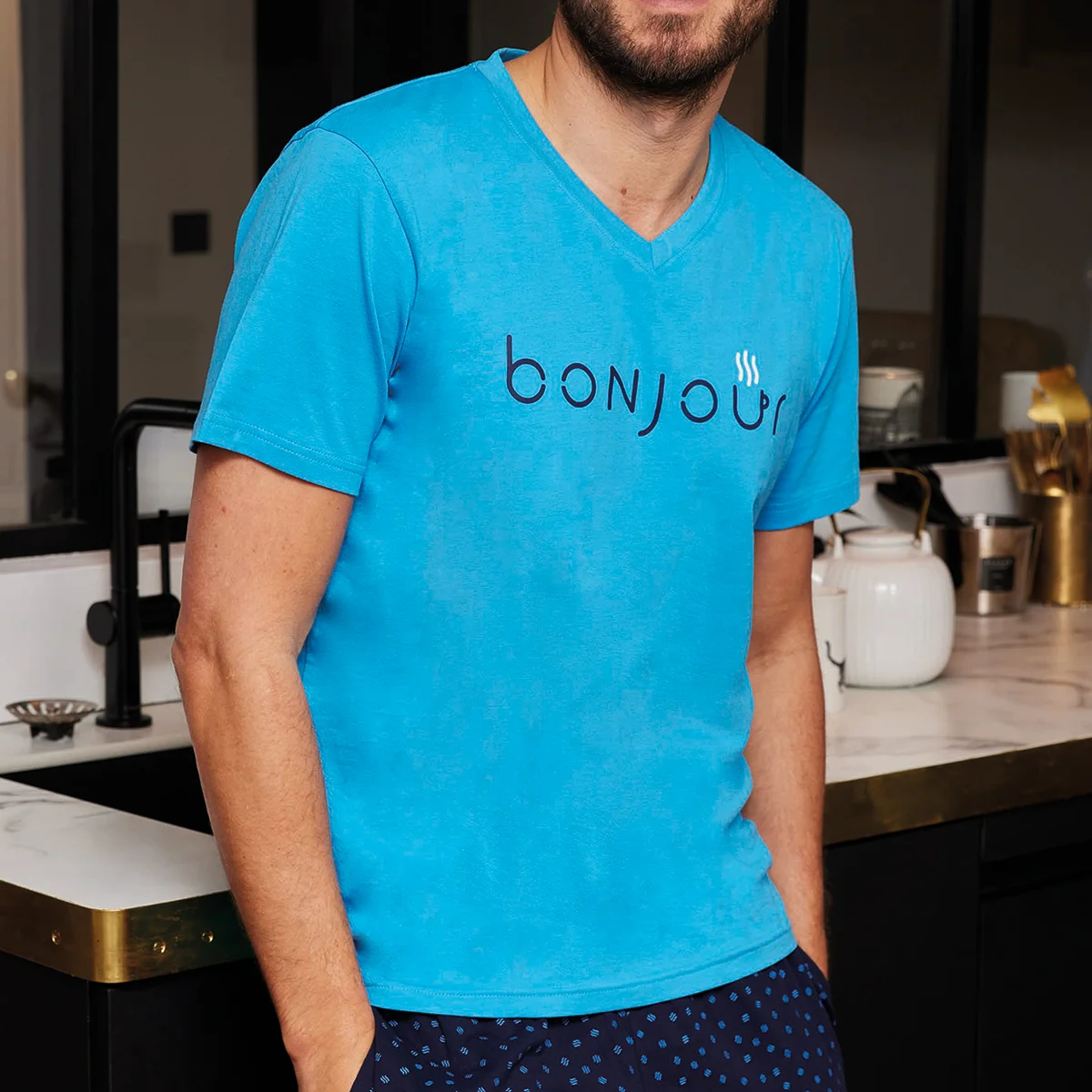 Pyjashort homme BONJOUR bleu/marine imprimé