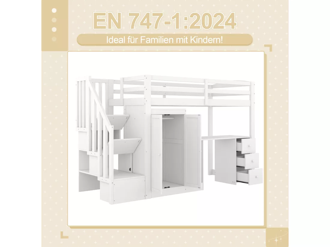 Lit mezzanine 90 x 200 cm avec armoire, bureau, tiroirs et penderie - bois de pin + MDF - blanc (sans matelas)