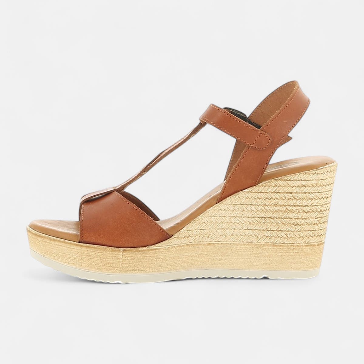 Nu-pieds à talon compensé Femme en cuir cognac