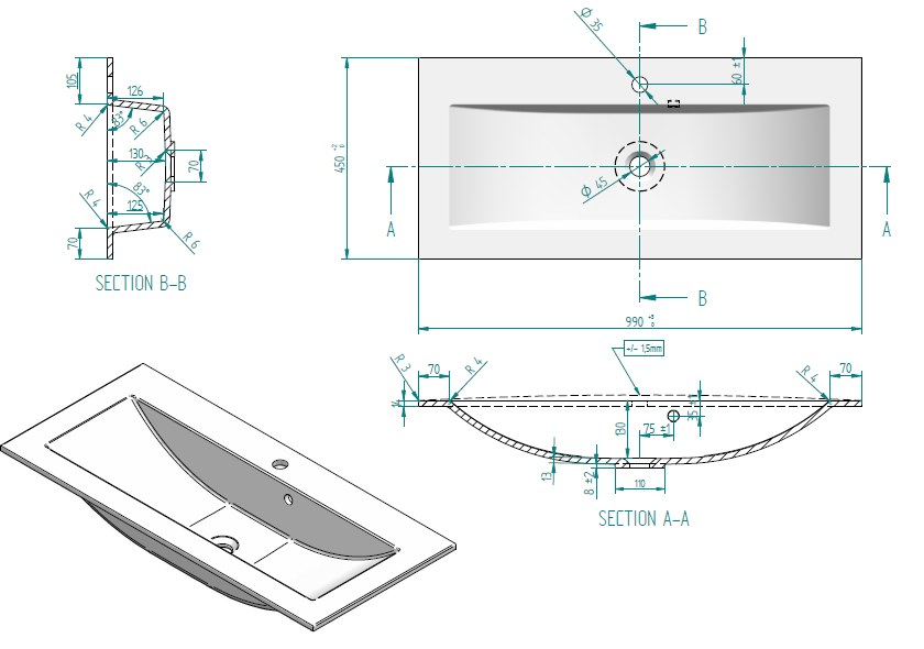 Sanicare Q4 mineraalmarmeren wastafel 99.2x45cm met 1 kraangat wit