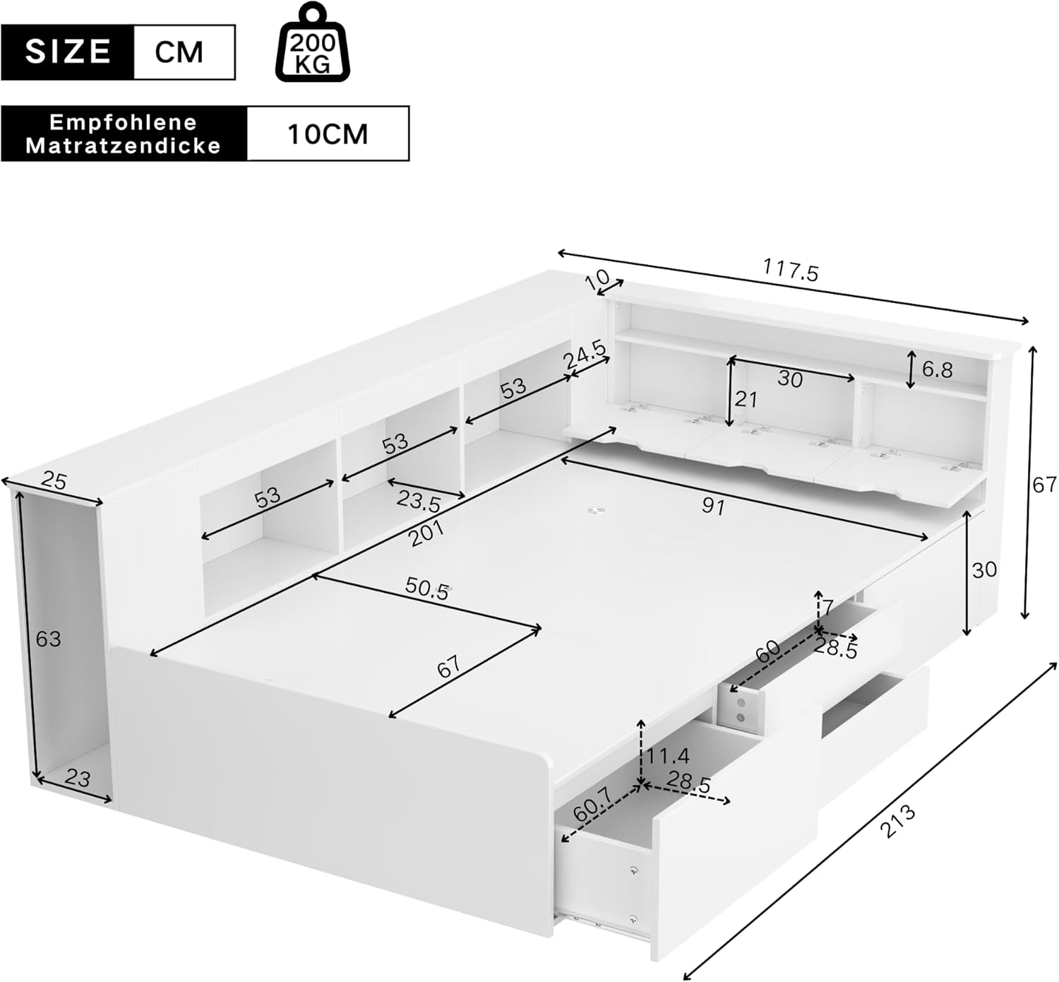 Kinderbett 90x200, Multifunktionales Holzbett mit Schubladen, Bücherregal und Stauschrank, Stauraumbett mit Lattenrost & Bettkasten, Funktionsbett Jugendbett Bettgestell aus Holz, ohne Matratze, Weiß