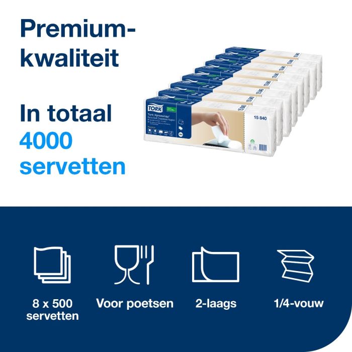 Tork 15840 4000st Premium servet i-vouw 2-lgs wit 33x22 cm ds à 4000 stk (8x500) 1/4-vouw (15840)