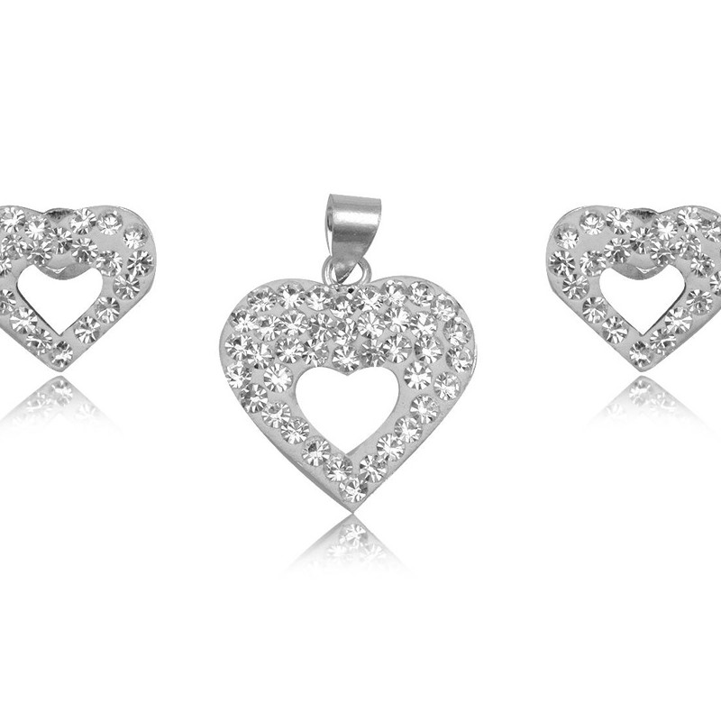 Parure C?urs Pendentif et Boucles d'Oreilles Cristal Blanc et Argent 925