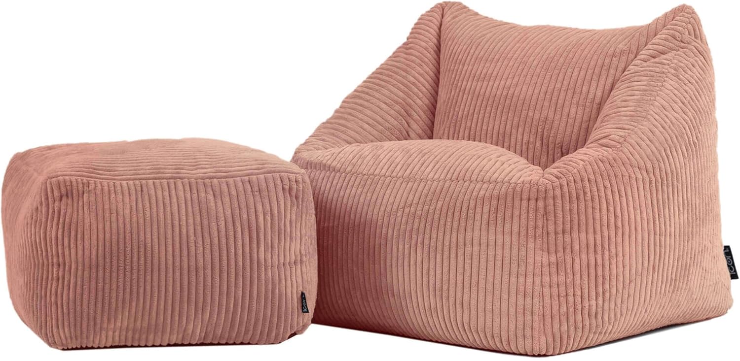 Icon Natalia Sitzsack Kinder mit Hocker, Rosa, Flauschiger Cord Stoff, Sitzsack Cord mit Füllung, Bequemer Kinder Sessel, Kuschelsessel, Lese Sessel, Schlafzimmer, Kinderzimmer, Spielzimmer