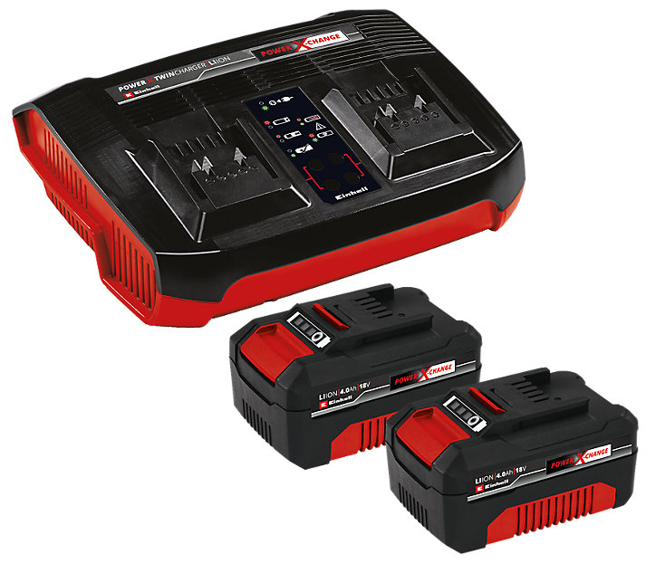 Starter Kit Einhell avec batterie et chargeur Power X-Change (lithium-ion, 18 V, 2 batteries 4,0 Ah et chargeur double)