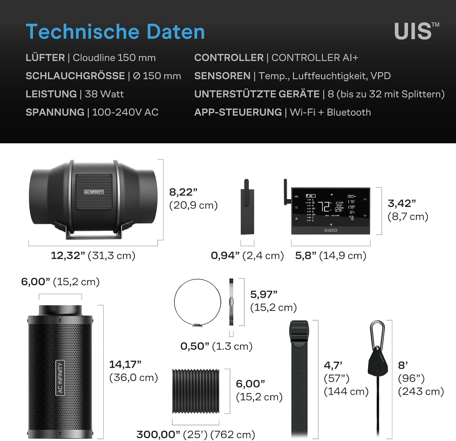 AC Infinity Luftfilter-Set PRO 150 mm – Abluftventilator mit Controller AI+, automatischer Leistungsanpassung, Aktivkohlefilter und Schlauch für Growzelte, Hydrokulturen und Indoor-Gärten