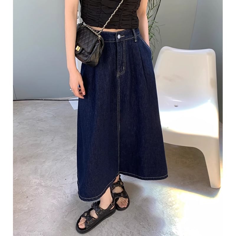 Flowerisque - Midi A-lijn rok met hoge taille en gewassen denim