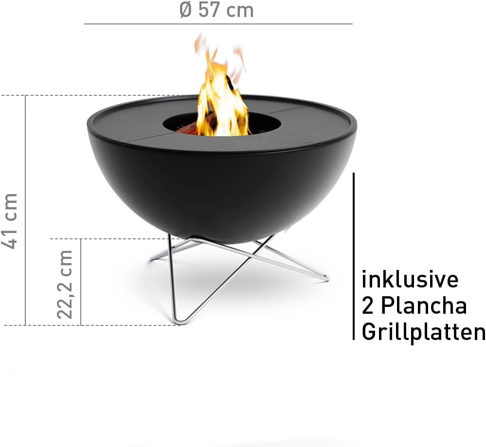 höfats - Bowl 57 Plancha Set tief - raucharme Verbrennung - Feuerstelle und Plancha Grill - kippbarer Feuerkorb inkl. 2 Plancha Grillplatten - Stahl emailliert – schwarz, Ø 57 cm