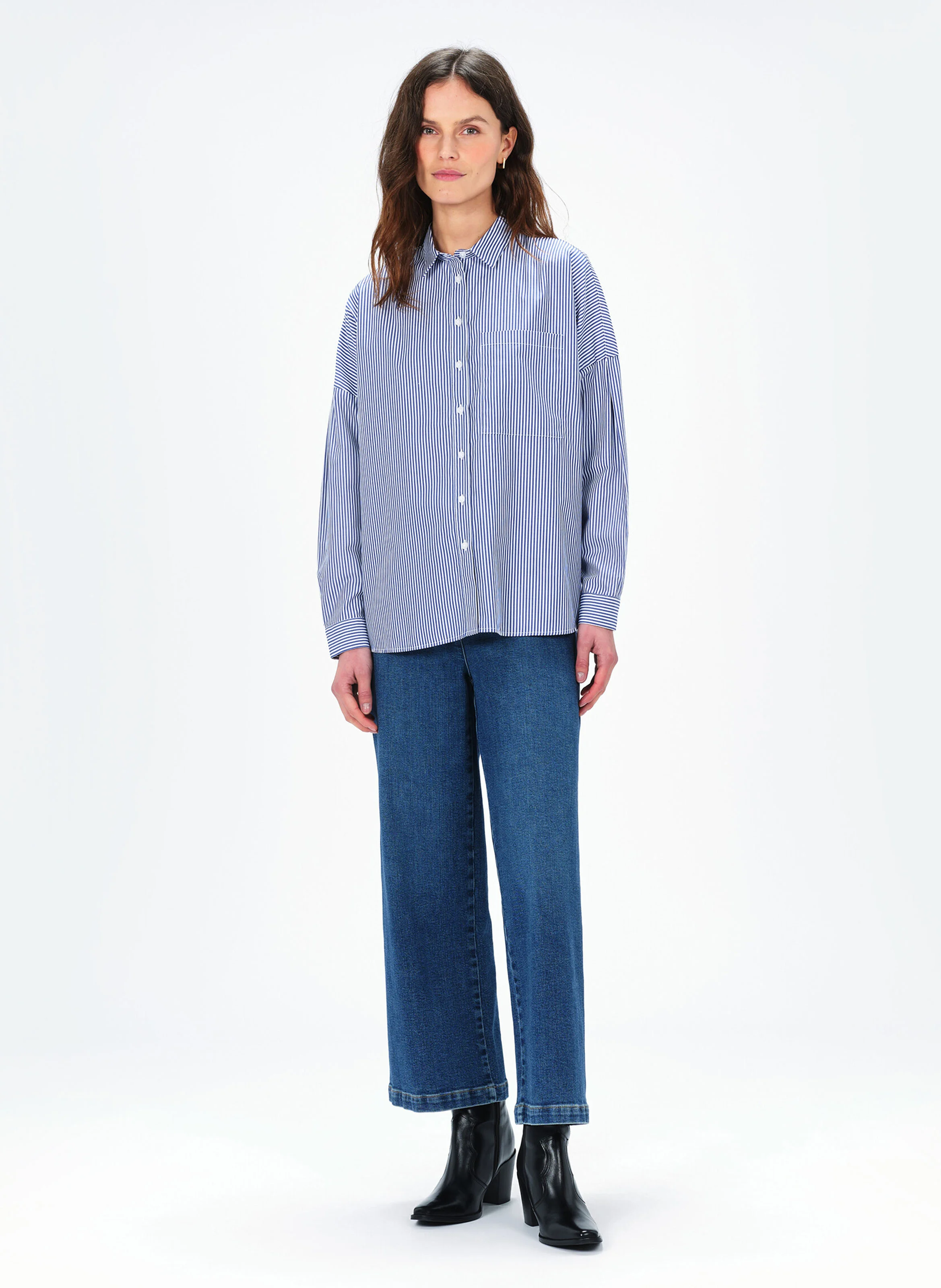 CLAUDINE - Chemise col classique rayée en coton | Bleu