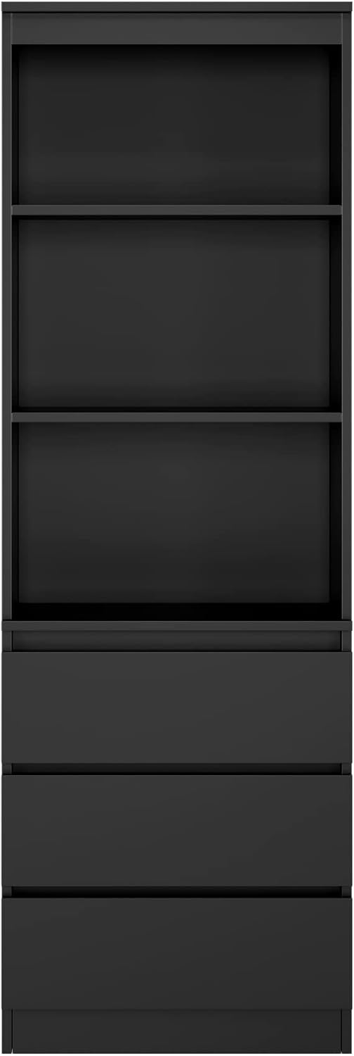 FirFurd Bücherregal mit 3 Schubladen 3 Fächern 180 cm Hochschrank Bücherschrank Vitrinenschrank Mehrzweckschrank für Wohnzimmer Büro Küche 60 x 35 x 180 cm Schwarz