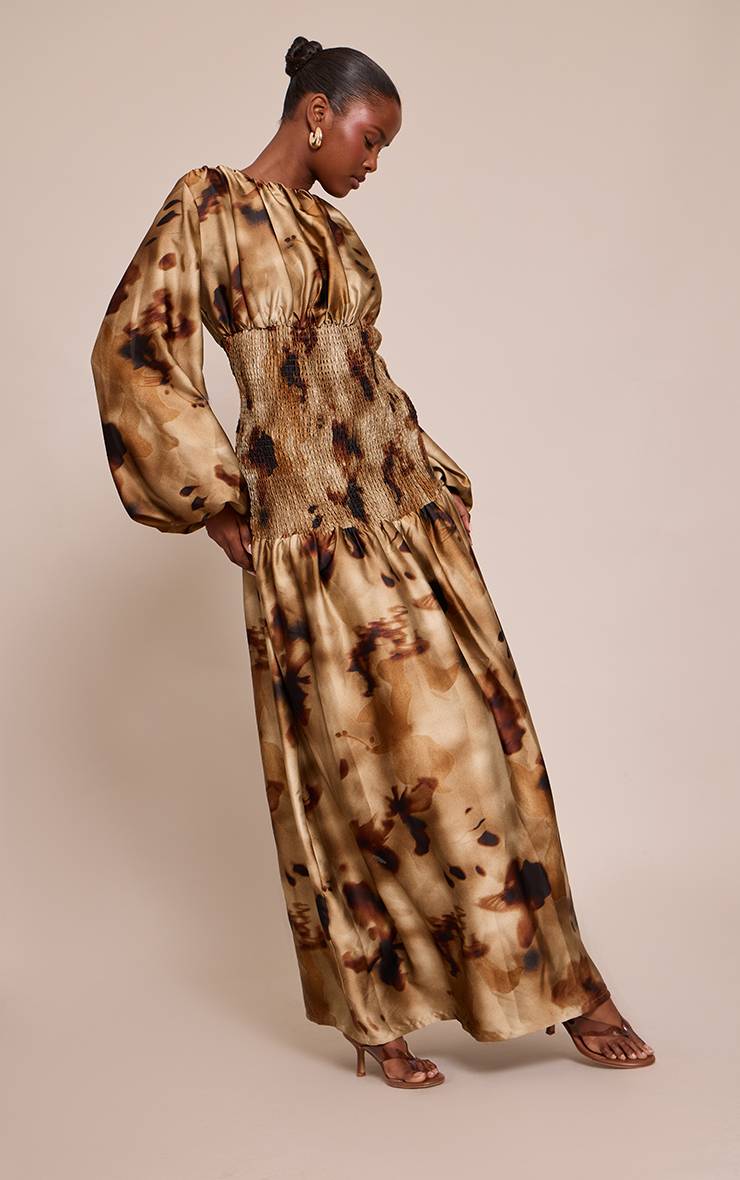 Vert Robe Longue À Taille Froncée Et Manches Longues Imprimé Abstrait