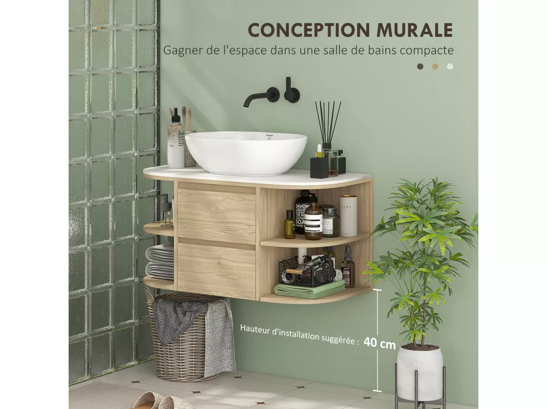 Meuble sous lavabo suspendu, meuble sous vasque, meuble salle de bain mural avec tiroirs à fermeture douce et étagères - dim. 90l x 45P x 46H cm, marron