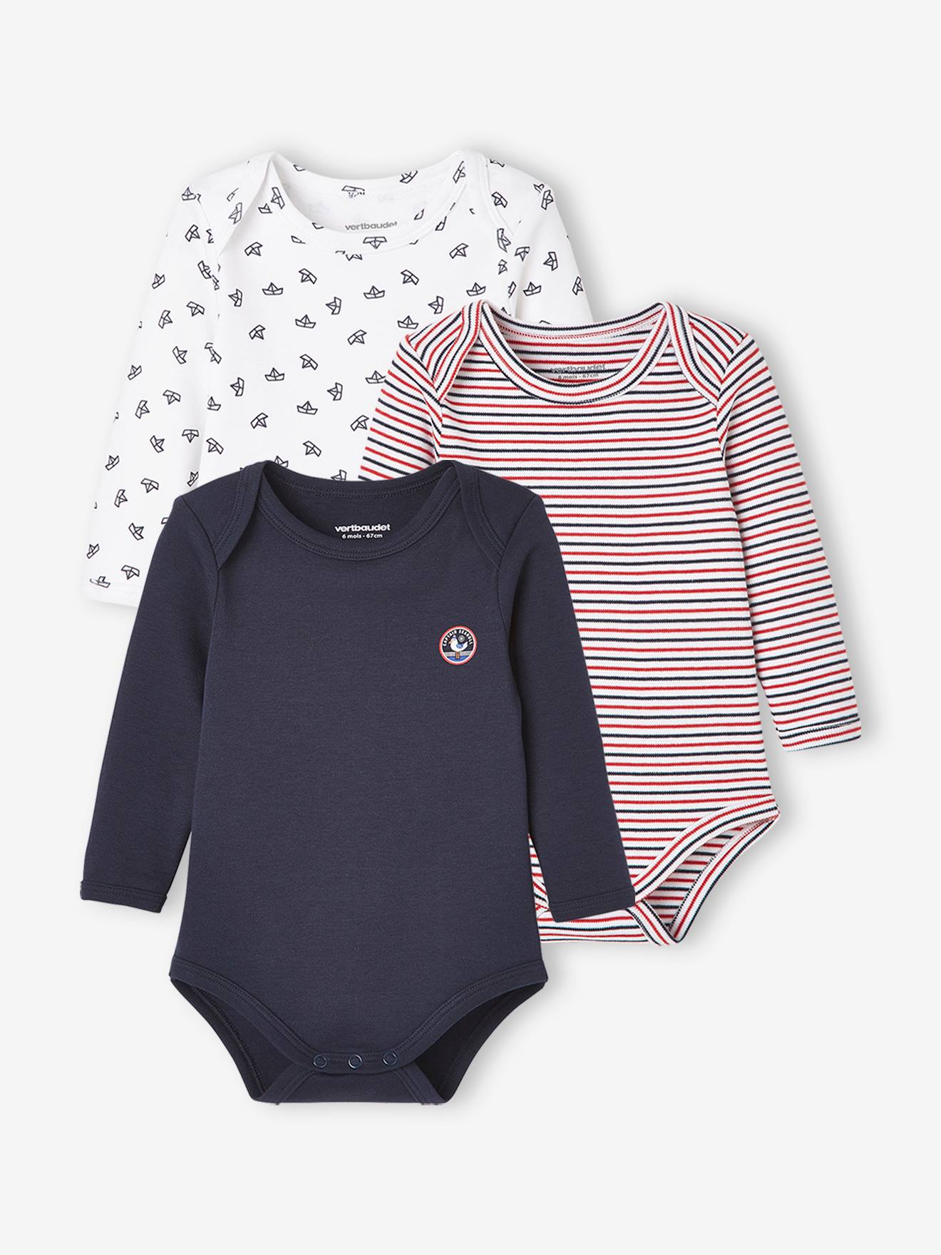 Conjunto de 3 bodies de manga comprida com cavas americanas, azul bebê escuro bicolor/multicolorido