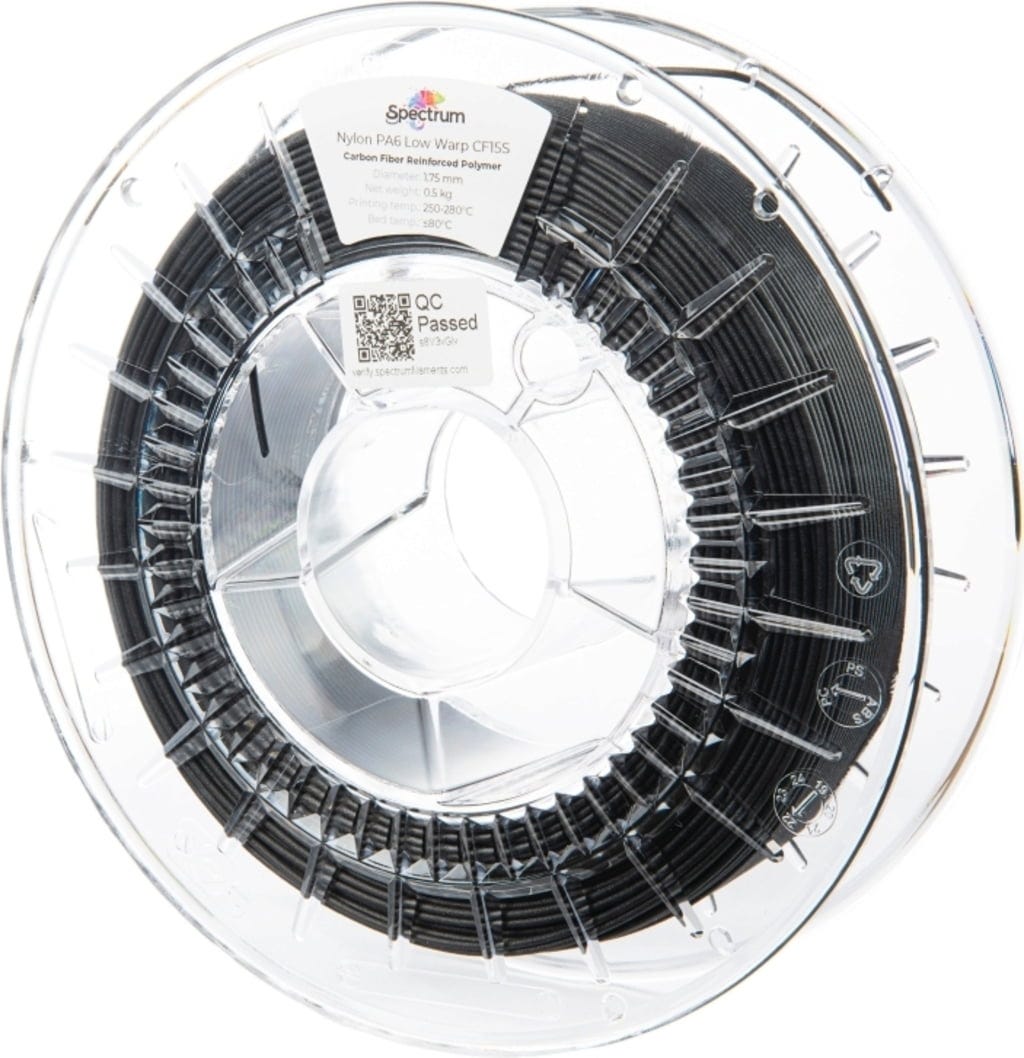 Spectrum  Nylon PA6 Low Warp CF15S Black, 1,75 mm / 500 g    Mit Kohlenstofffasern gefülltes Material mit geringer Schrumpfung und hoher Festigkeit