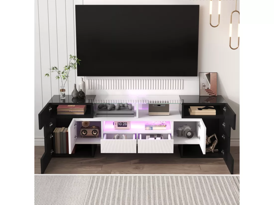 Meuble TV 2 tiroirs 6 portes et 3 niches, avec LEDs, charge max 60kg, Noir+Blanc, 145x30x51cm