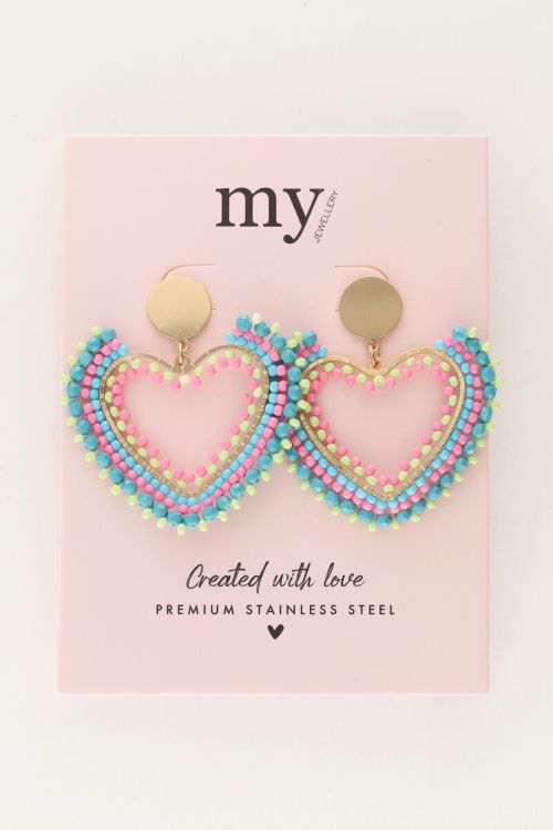 Statement oorbellen met multikleur kralen hart