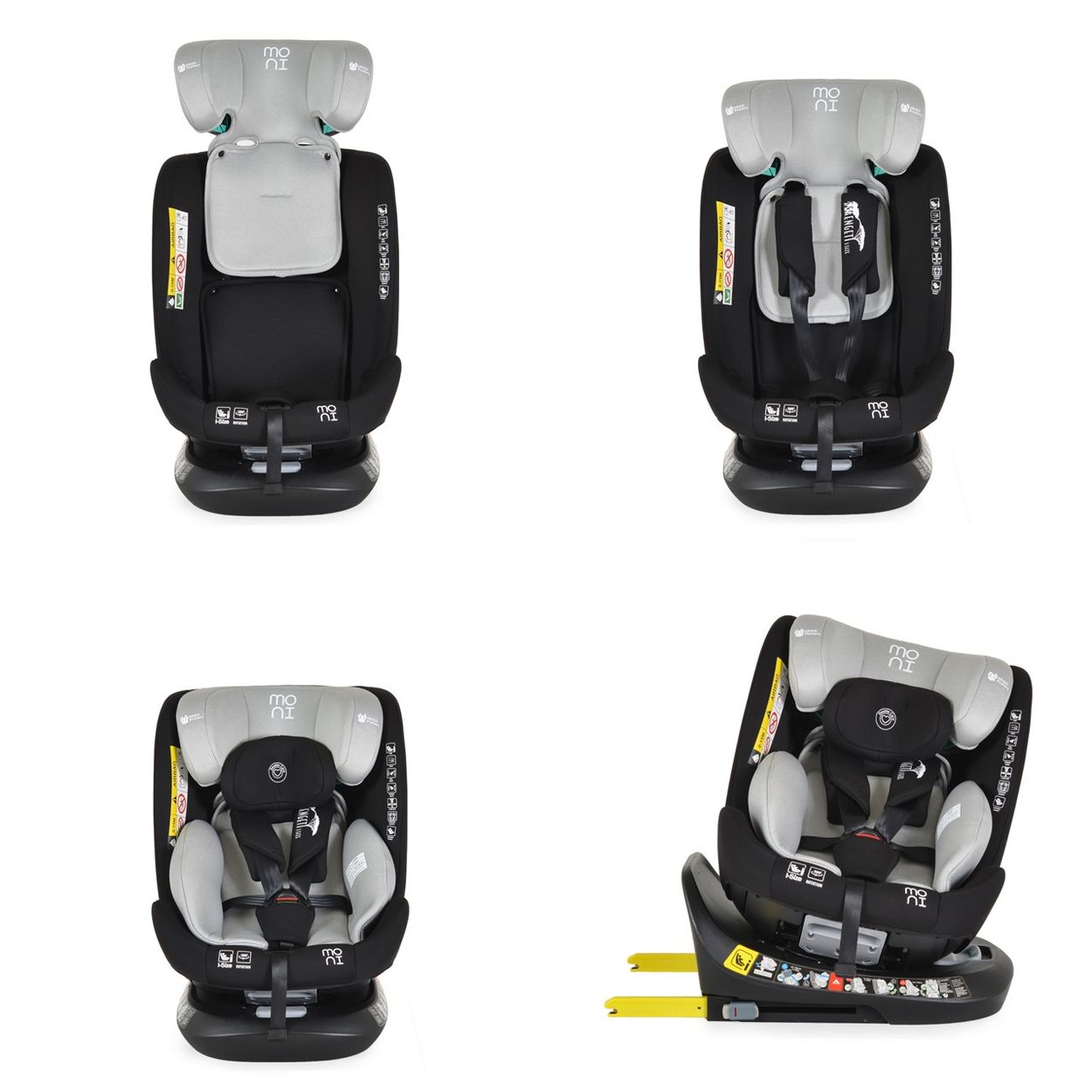 Moni Kindersitz Serengeti i-Size (40-150cm) Isofix, Kuscheltier, Nackenkissen grau