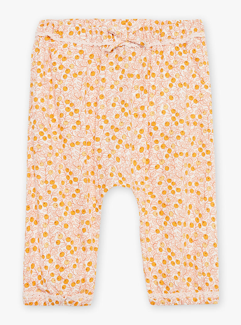 Pantalon écru et orange en popeline à imprimé feuilles et fruits