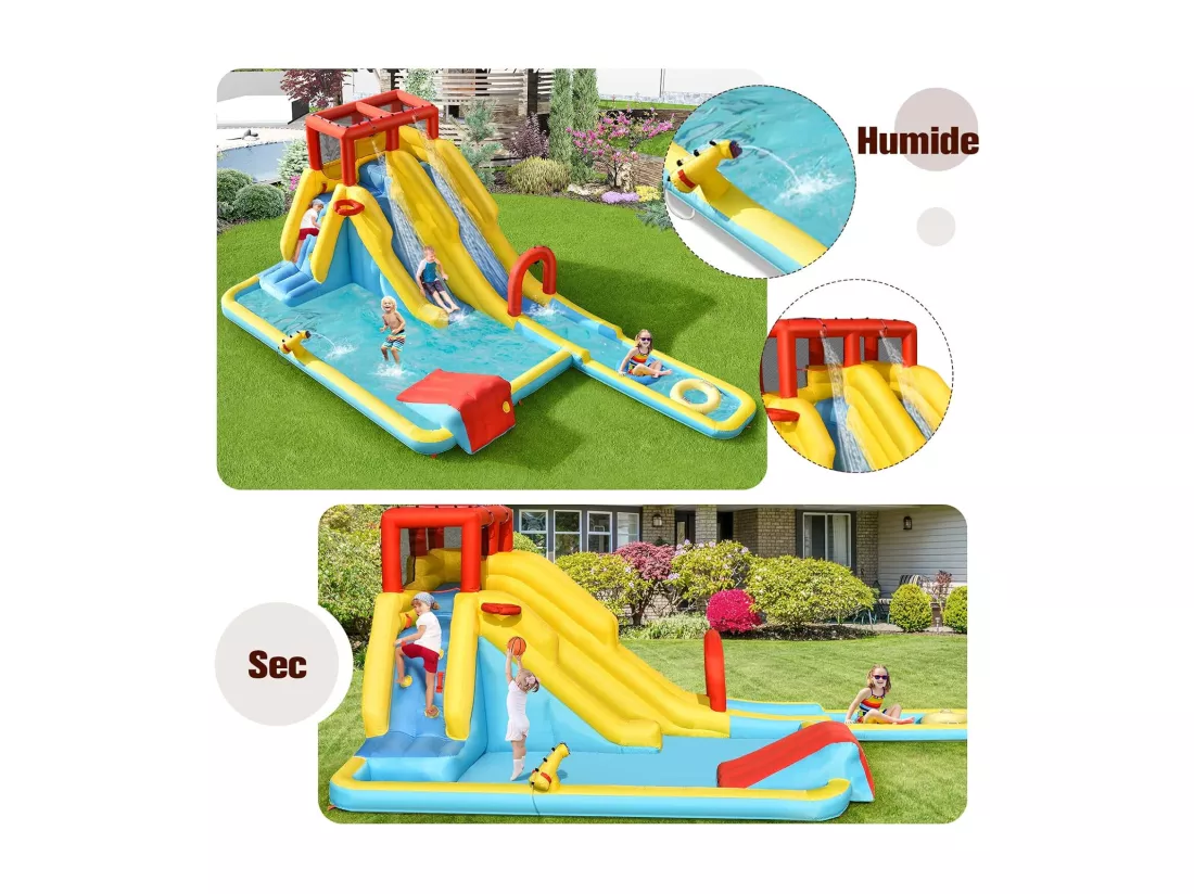 Château Gonflable 8 en 1 avec Double Toboggan Aquatique, Maison de Rebond Gonflable avec Mur d’Escalade, Pistolet à Eau, Anneaux de Natation pour 3 Enfants de 3-10 Ans (sans souffleur)