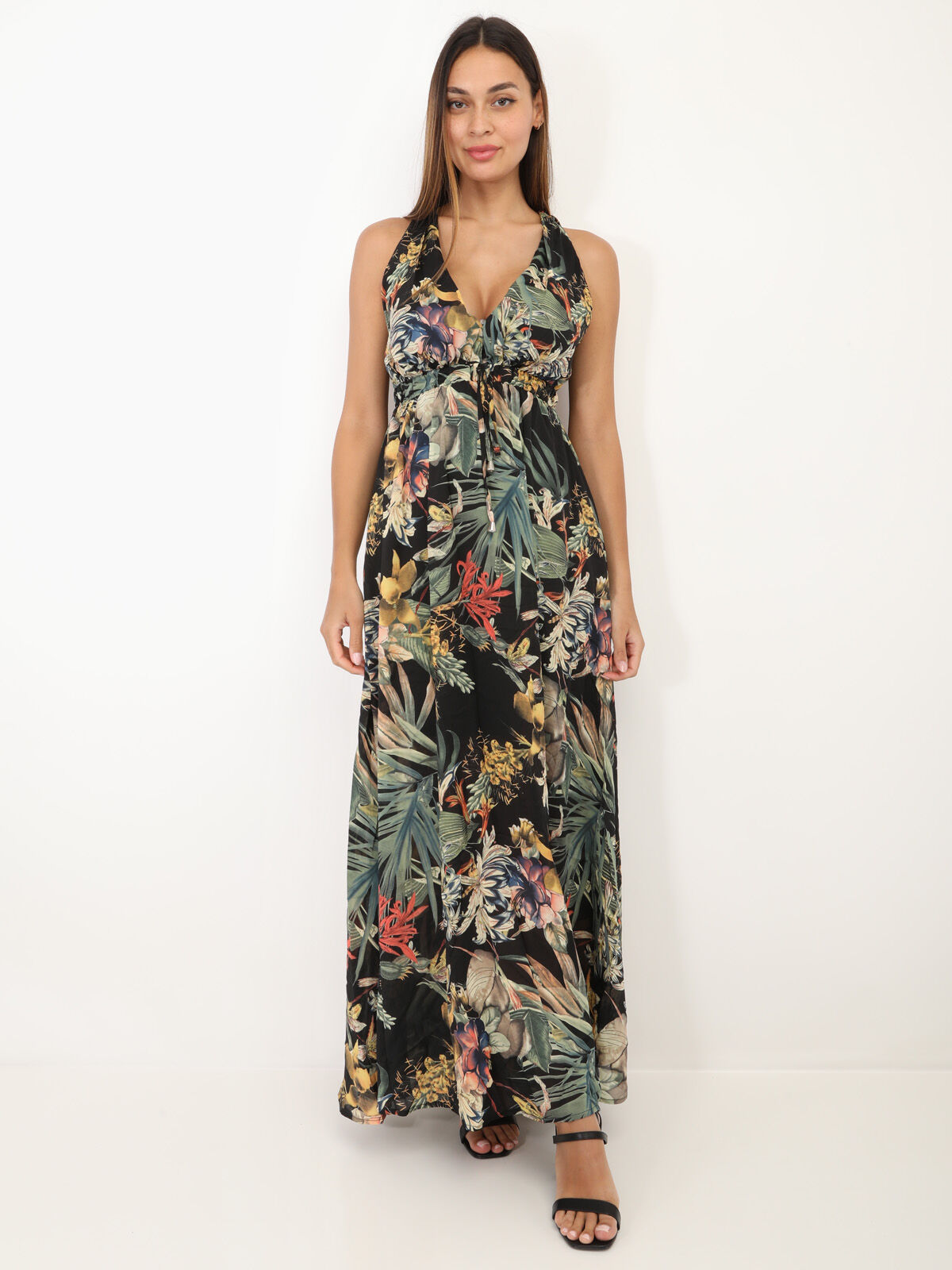 Robe longue fleurie décolletée- Noir
