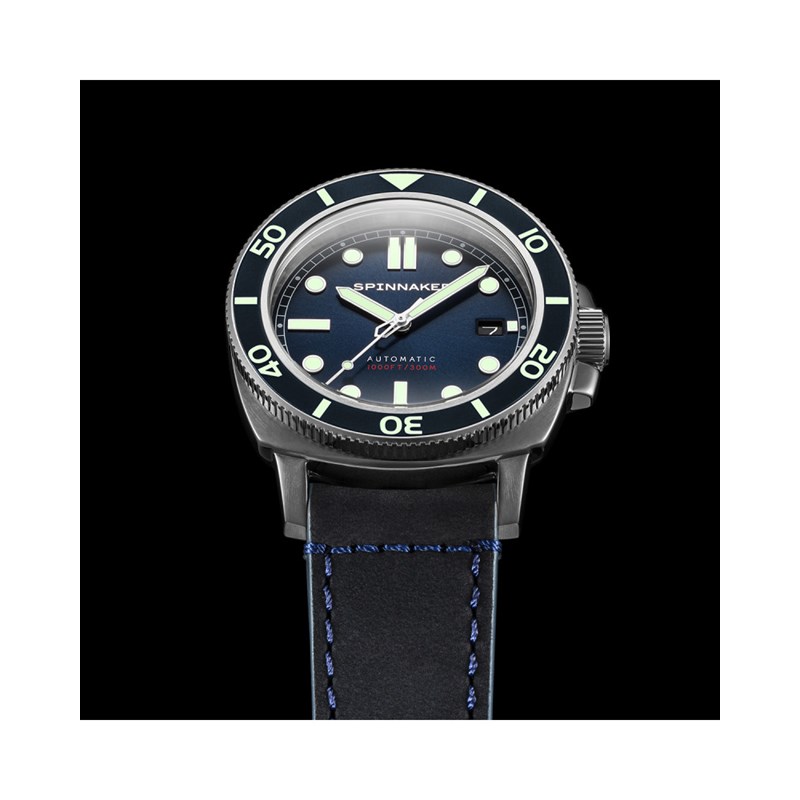 Montre homme automatique japonais Spinnaker - Bracelet cuir véritable - 3 aiguilles avec date, verre saphir
