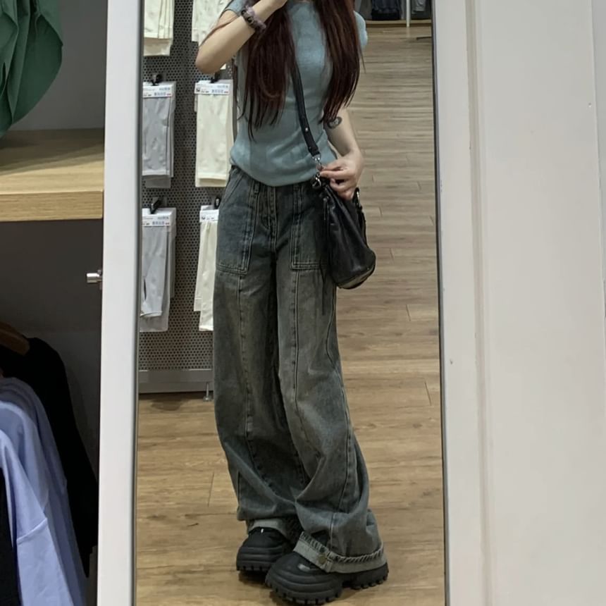 Coline - Mid Waist Washed Wide Leg Jeans
