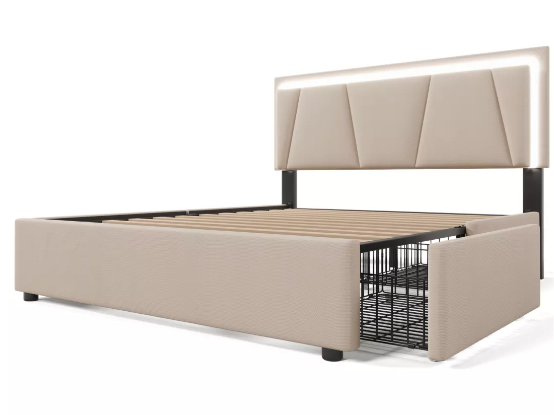 Lit rembourré 140x200cm en lin - avec 2 tiroirs + LED + sommier à lattes - Beige