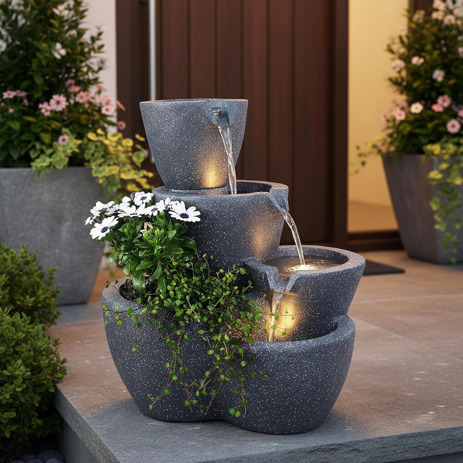 Zimmerbrunnen mit Beleuchtung Botana Gartenbrunnen bepflanzbar Springbrunnen Terrassenbrunnen (LED: Warm-Weiß)
