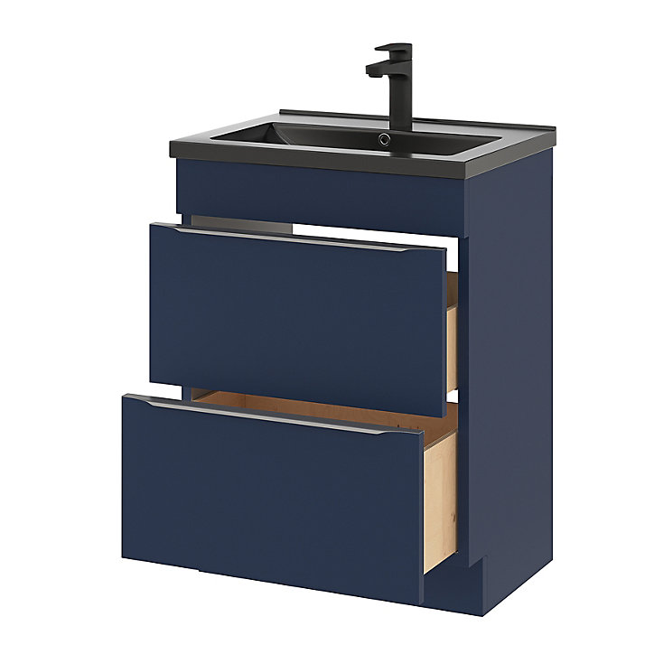 Ensemble salle de bains l.60 cm meuble à poser Imandra bleu nuit mat + plan vasque céramique noir