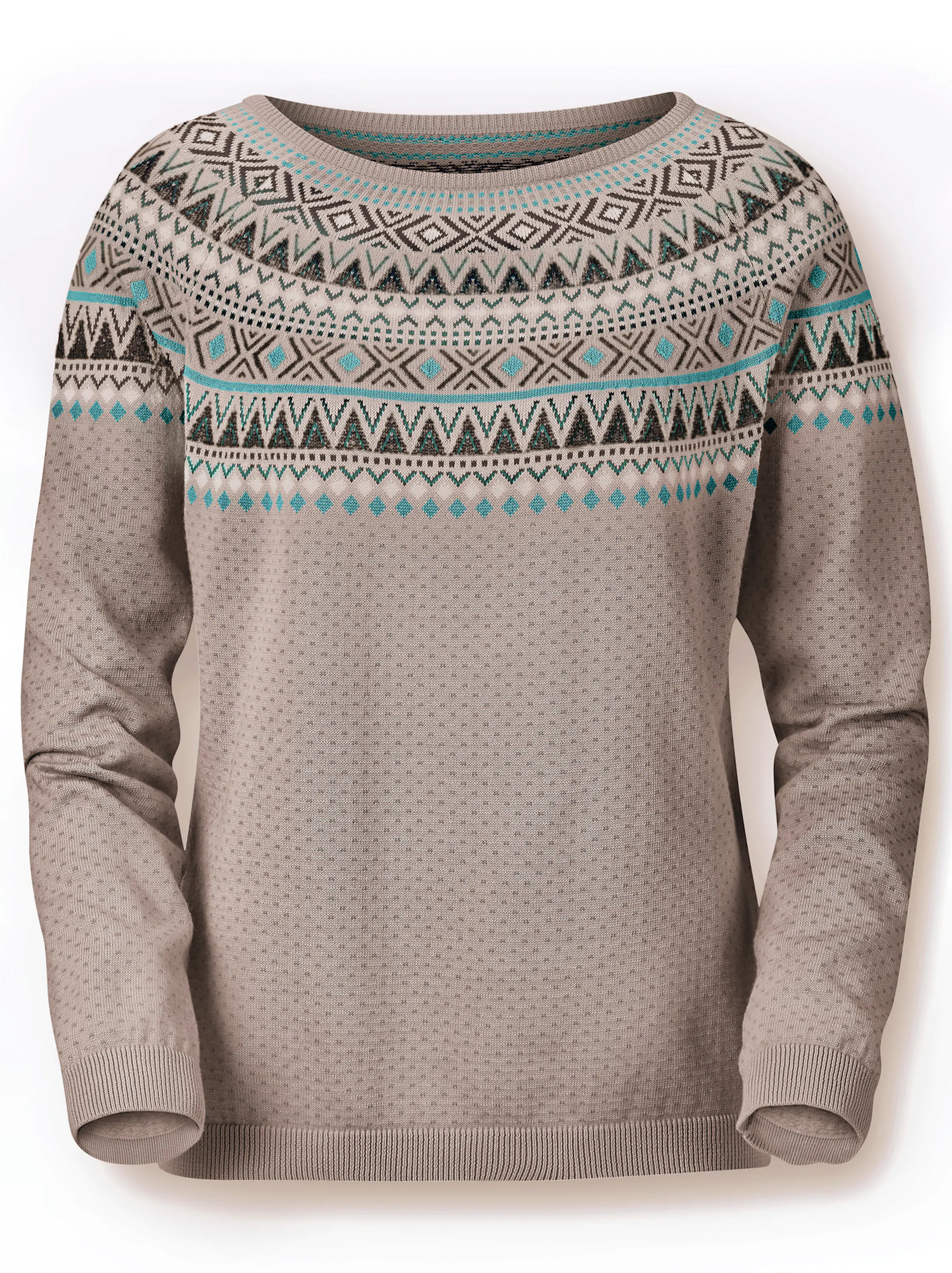 Norwegerpullover in taupe-petrol-gemustert