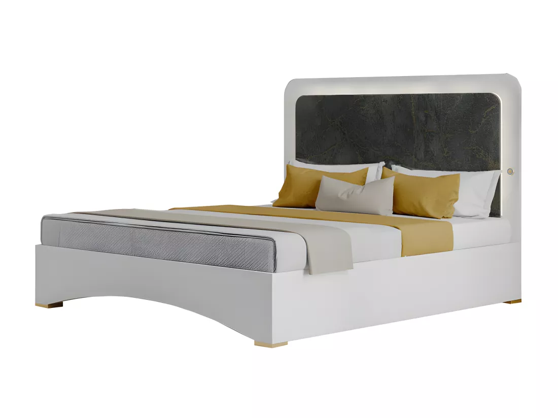 Chambre complète 140x190 Blanc/Marbre gris brillant à led - MARGUERITE