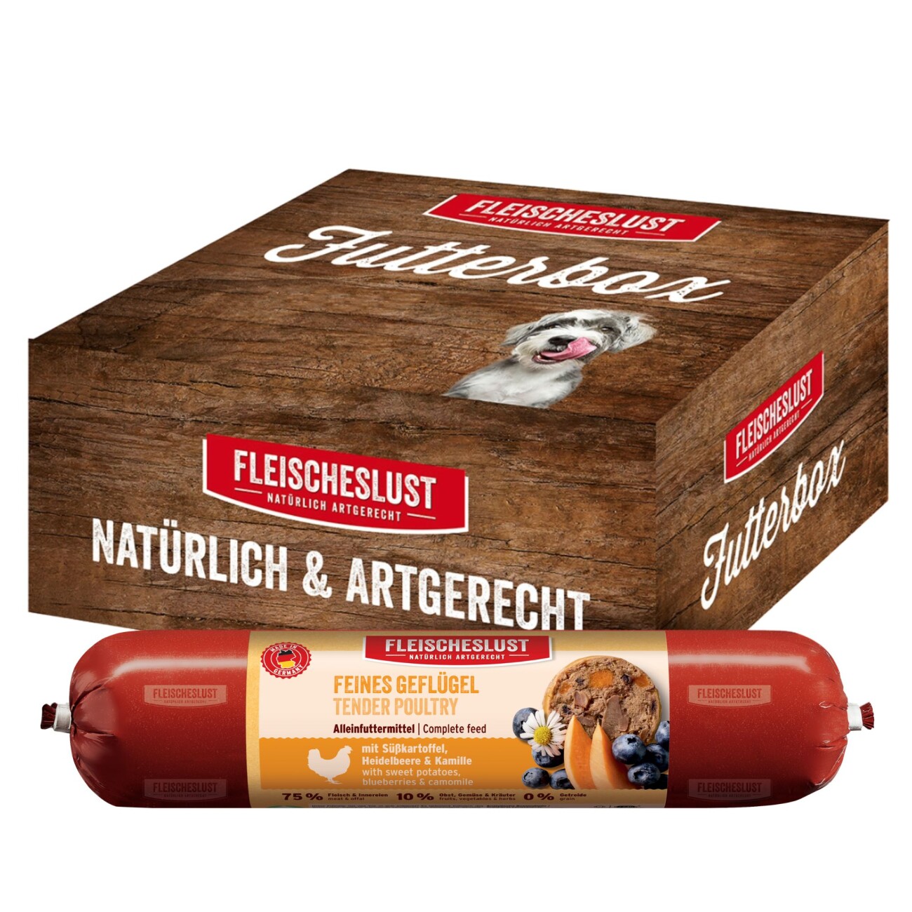 Fleischeslust Nassfutter Hund Adult Futterbox Geflügel, Heidelbeere, Süßkartoffel & Kamille 6x800 g