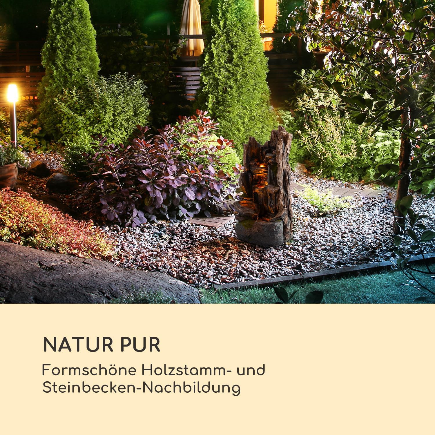 Blumfeldt Mystic Tree Solarbrunnen, inkl. Solarpanel, Lithium-Ionen-Akku (ca. 5h Laufzeit), LED-Beleuchtung, Polyresin| frostbeständig, für drinnen und draußen, Holzoptik