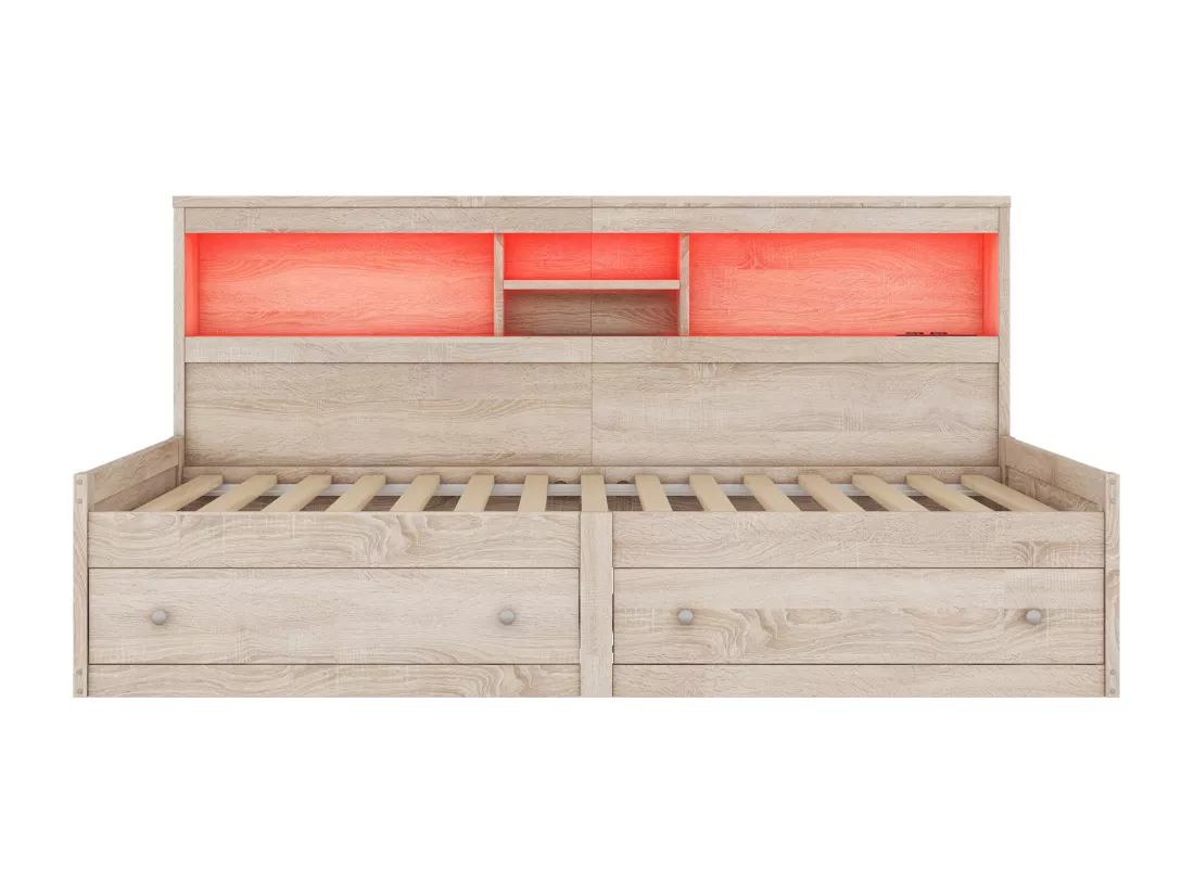 Lit banquette 90x200cm - avec prise USB & 2 tiroirs - sommier à lattes - Naturel