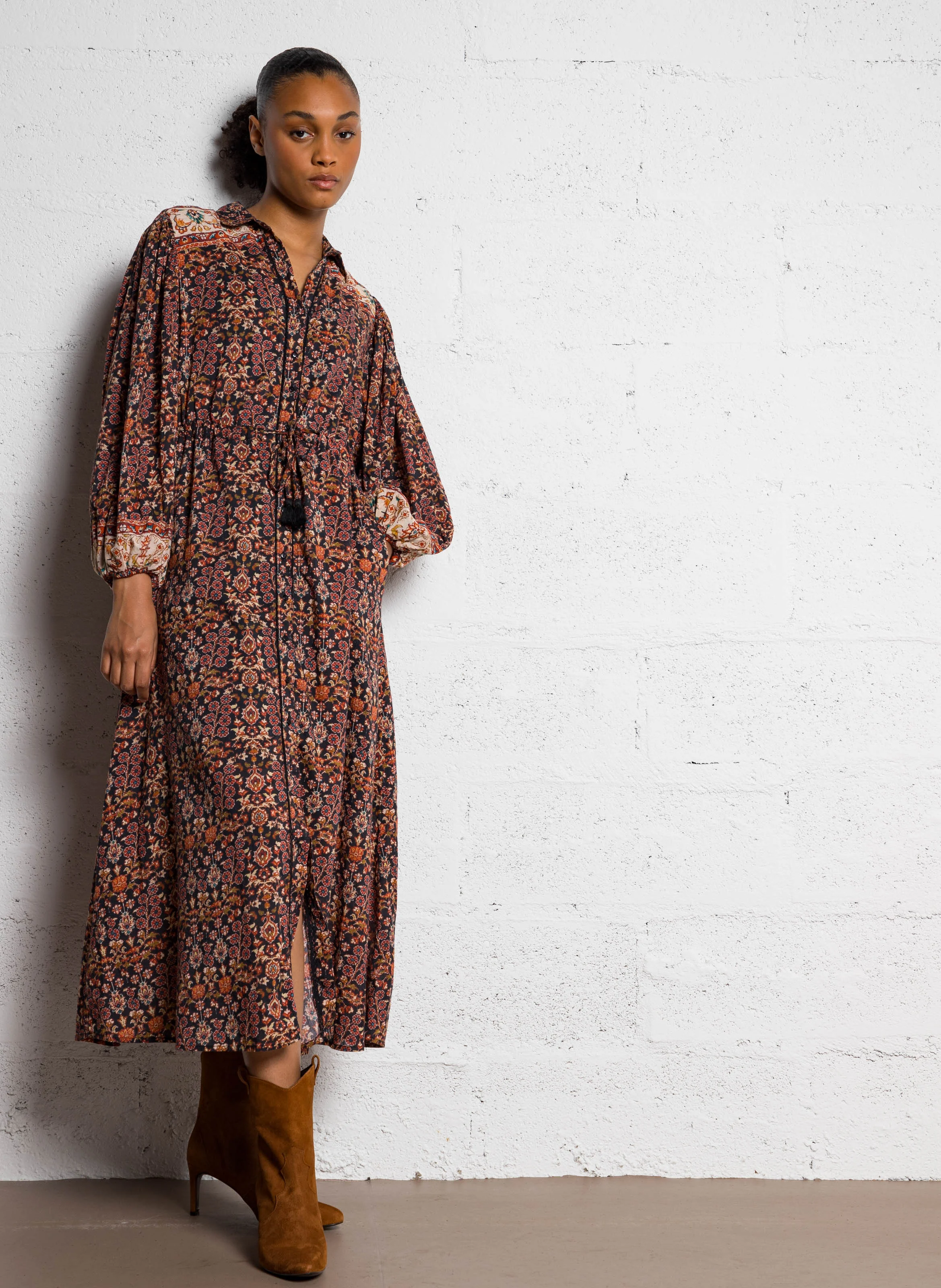 DALIDA - Robe chemise longue imprimée en coton | Multicolore