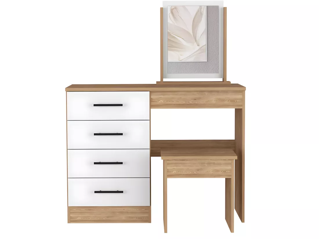 Table de maquillage de miroir Kaia avec 4 tiroirs et siège inclus 126,7 cm à x 100 cm L x 42,5 cm P, blanc / gris