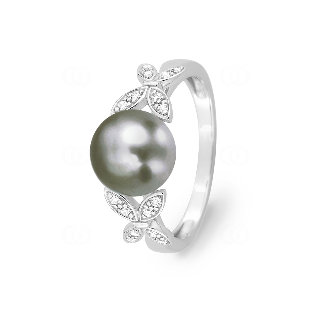 Damenring 750/18 K Weissgold mit Tahiti-Kulturperle und Diamanten 0.09ct.